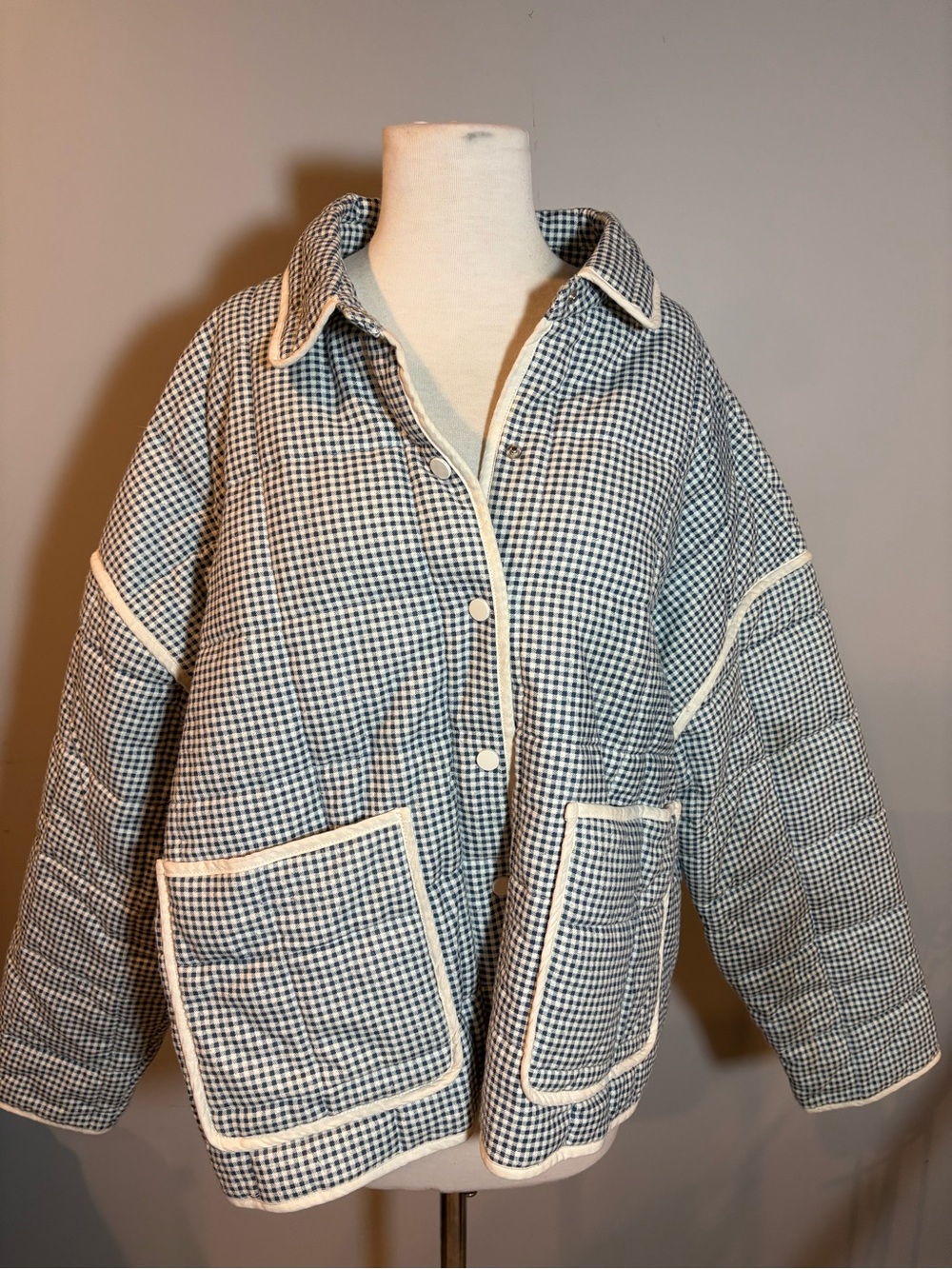 Wishlist Boutique Navy & White Quilted Gingham with Cream Trim Jacket (Oversized